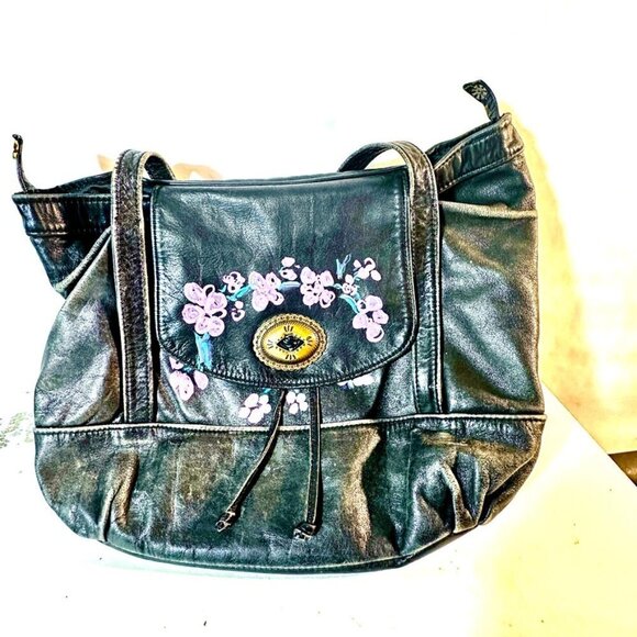 Lew n Me Handbag Shoulder Leather Concho Black Floral Cherry Blossom Rose Tooled - Picture 2 of 7